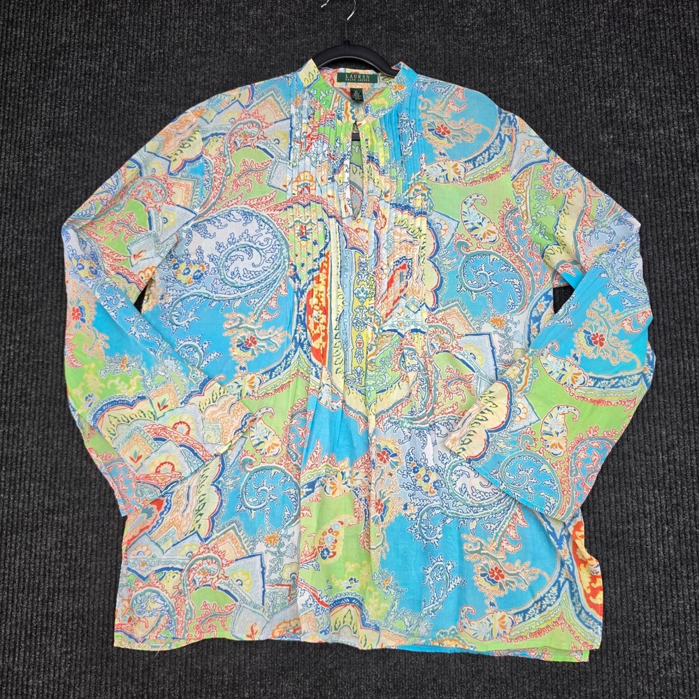 Lauren Ralph Lauren Paisley Pintuck Cotton Tunic Blue Green XL